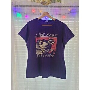 "Live Fast! Eat Trash!" Graphic t-shirt Opossum Raccoon Purple Large Rehabber